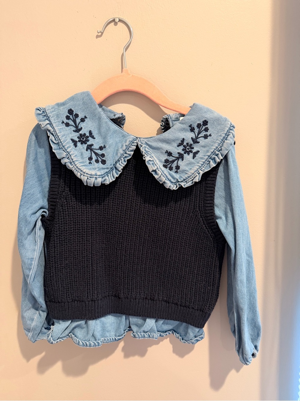 Zara Light Blue Denim Collar Top with Black Knit Vest